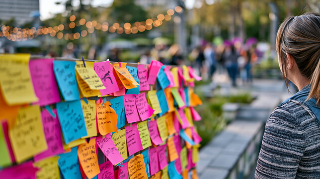 Community vote board covered in sticky note budget proposals at outdoor town square forum, participatory governance event, public finance democracy, citizen engagement civic space, neighborhood prio