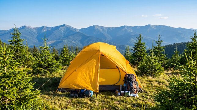Scenic Mountain Camping with Yellow Tent and Blue Panorama
