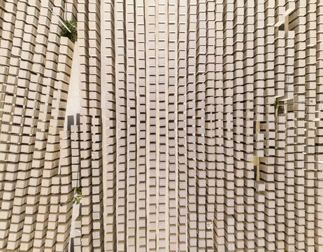 Aerial view of a brick factory with rows of stacked bricks arranged in geometric patterns in Merida, Yucatan, Mexico.