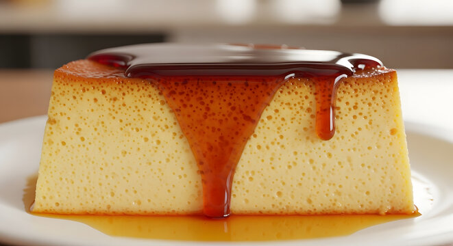 Flan dessert sits on a small white plate with caramel syrup drizzling down the side.