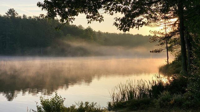 Beautiful landscape of fog rising over a calm lake at dawn. Landscape of dawn fog over a calm lake.