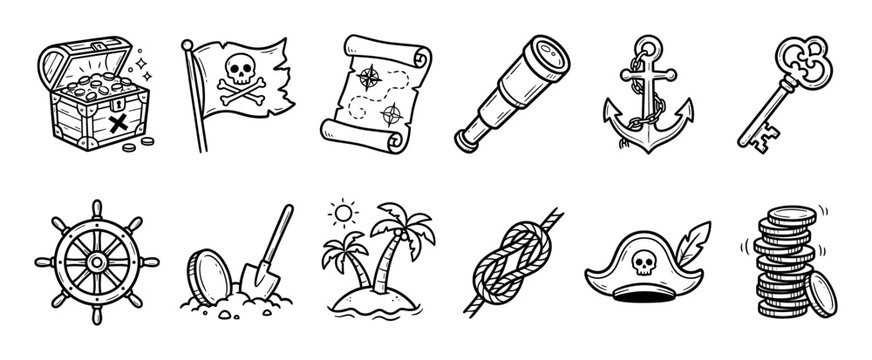 Set of twelve hand-drawn pirate icons featuring a treasure chest, map, skull flag, anchor, and ship's wheel in a simple black and white doodle style illustration