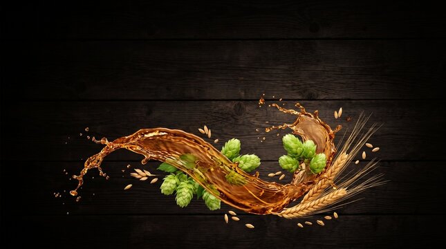 Great American Beer Festival wallpaper, flowing amber beer splash surrounding fresh hop flowers and barley grains against dark wooden background