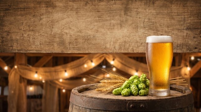 Great American Beer Festival background, premium frosty beer glass without branding beside oak barrel, fresh hop cones, golden barley stalks and rustic wood textures