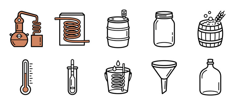 Brewing and distilling equipment icon set featuring an alembic still, fermentation barrel, thermometer, and hydrometer for alcohol production in a simple line art vector style