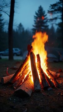 Warm campfire burning with bright flames surrounded by trees in a forest campsite, perfect for outdoor adventure, camping holiday, or nature background for design and poster.