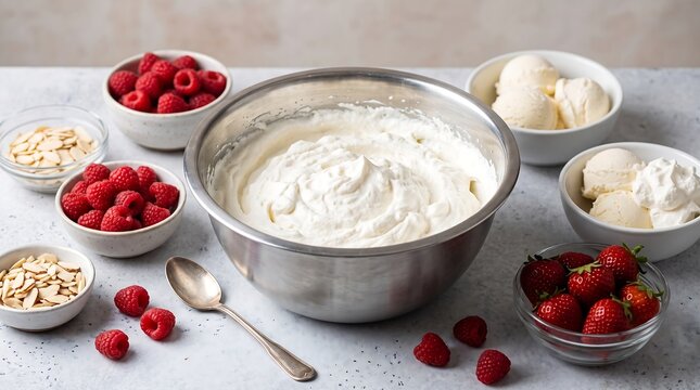 Whipped Cream Dessert Ingredients in Metal Mixing Bowl