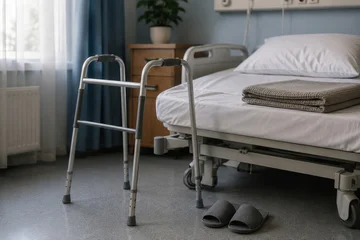 Metal walker standing near hospital bed with slipper. Mobility aid for elderly patient with joint bone disease. Rehabilitation equipment for physical therapy, recovery and nursing care. © Anzhelika