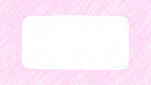 Hand drawn pink scribble textured frame with blank white copy space inside, surrounded by a white diagonal hatch pattern. Artistic background template in grunge stop-motion or comic style.