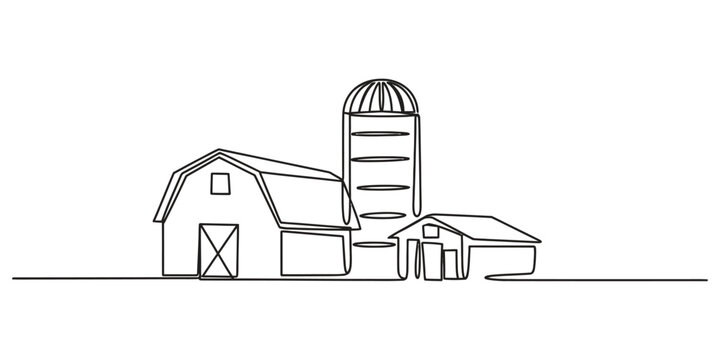 Continuous single line drawing of a farm with a barn and a silo