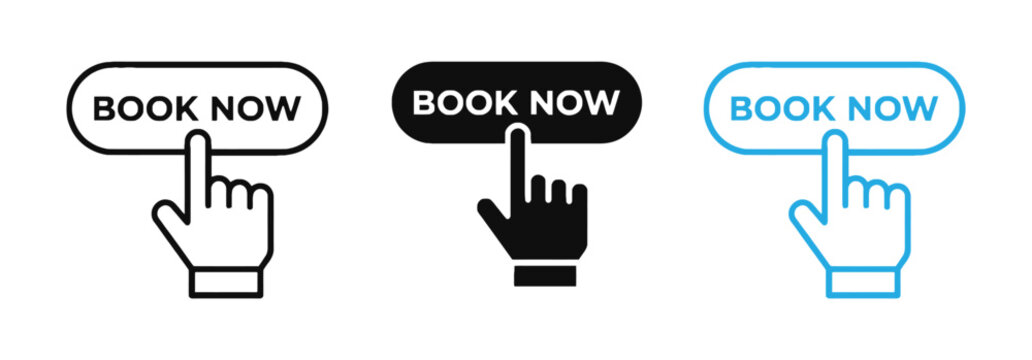 Hand Book Icon Now Button Vector  Set with  Clicking Cursor &ndash; Online Reservation Call to Action Symbol in Black Outline, Solid Glyph, and Blue Line Style for Website UI, E-Commerce, Hotel Booking .