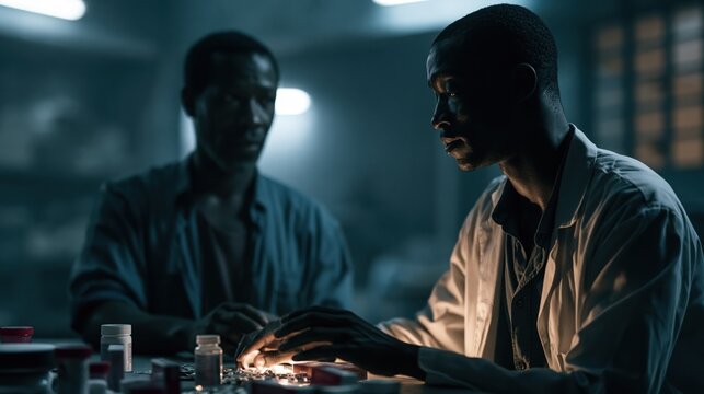 Two Men Examine Tiny Light-Emitting Objects in a Dark, Intensive Setting