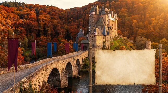Ohio Renaissance Festival background, majestic medieval castle surrounded by colorful autumn forest beneath golden afternoon sunlight, elegant stone bridge, royal banners without symbols