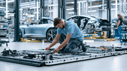 Fototapeta premium Auto Industry Mechanic Working on Electric Vehicle Assembly Line in Modern Factory Environment