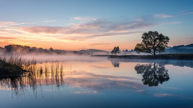 Beautiful landscape of fog rising over a calm lake at dawn. Landscape of dawn fog over a calm lake.