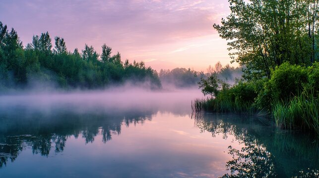 Beautiful landscape of fog rising over a calm lake at dawn. Landscape of dawn fog over a calm lake.