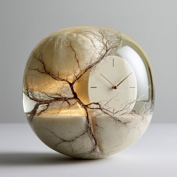 Abstract globe clock with dry roots embedded in clear resin and light
