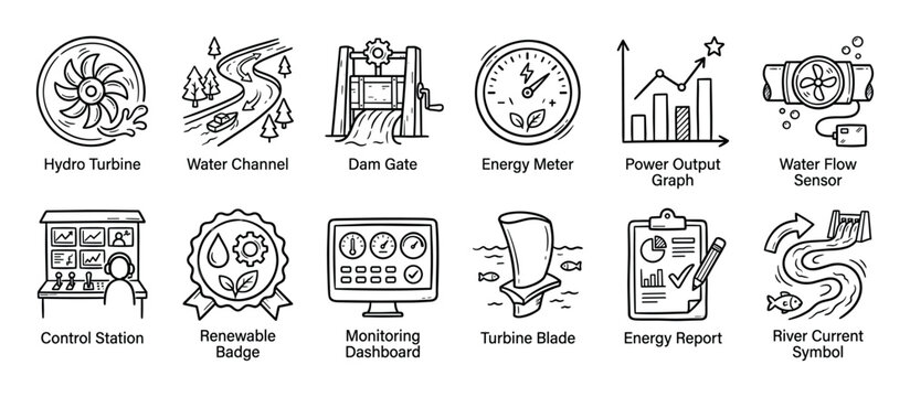 Hand-drawn hydroelectric power icon set collection featuring various elements of renewable water energy generation in a simple black and white doodle style illustration