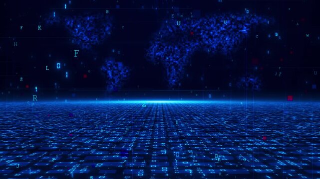 Futuristic data map floor visual blue glowing tiles, scattered code letters, world network atmosphere. information systems, cloud services, analytics dashboards, software promos, and motion graphics.