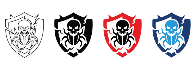 Computer Virus Icon Set with Skull Malware Bug and Broken Shield for Security Breach Cyber Attack Threat UI Layout Outline Glyph Red Blue Flat Vector © Hamzayounas