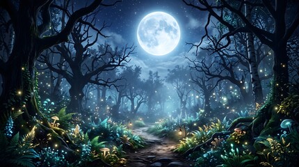 Obraz premium Fairytale Forest, Night Moon, A beautiful fairytale enchanted forest at night with a big moon in the sky illuminating trees and great vegetation