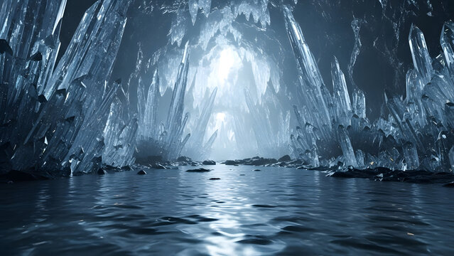 Mysterious ice cave with shimmering crystals and reflective water