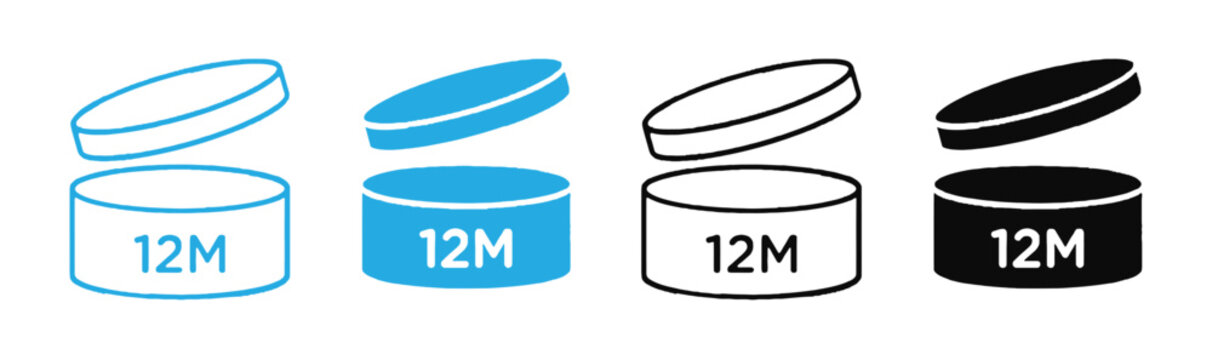 12 Months Icon Period After Opening Vector  Set featuring Open Jar PAO Symbol, Cosmetic Expiration Date Sign, Shelf Life 12M Mark, Product Freshness Indicator, Packaging Expiry Label, and Skincare .