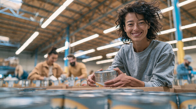 Volunteering at the Warehouse: Teamwork and Community Service in Action - Smiling Volunteers Working Together for Charitable Food Bank Distribution