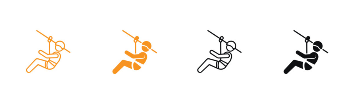 Ziplining icon set featuring outdoor adventure, extreme sports, and canopy tour concepts. Includes four design variations: orange outline, filled orange, black outline, and solid black silhouette .