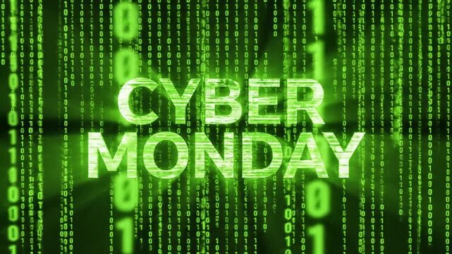 Cyber Monday text on green digital binary code background