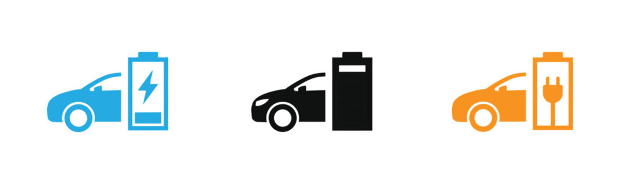 Electric vehicle icon EV charging vector  set featuring an electric car paired with a battery indicator, lightning bolt flash, power plug symbol. Includes blue, solid black, and orange flat graphic .