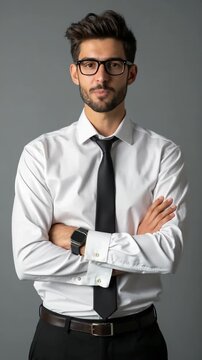 shot of attractive business man bossy crossed arms friendly smile meet colleagues corporate seminar wear specs white office shirt black pants tie isolated grey color background fashion edit.