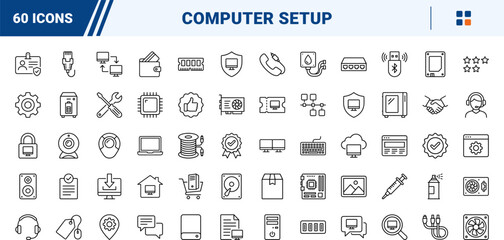Fototapeta premium Computer Setup Service line icon set. Vector pictograms of hardware, installation, networking, and support elements, thin linear illustration.