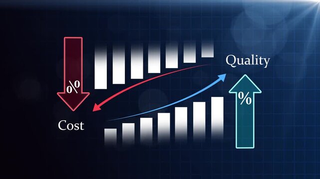 Cost reduction and quality control, business strategy, and project management concept. 4K animation. Up down arrow chart represent quality, cost, and performance optimization