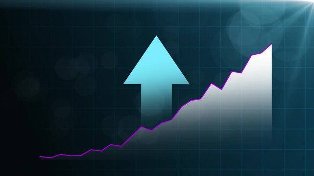 Business and finance concept showing a neon pink line chart climbing toward a blue upward arrow. Symbolizing profit growth, revenue increase, sales performance, investment gains and positive analytics