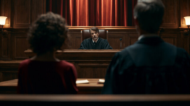 Courtroom Drama: Trial and Justice in the Legal System with Judge, Attorney, and Defendant in Litigation Proceedings