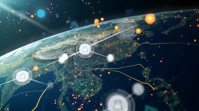 Abstract visualization of worldwide digital connections and networks over Earth. Illuminated nodes, lines, and data symbols represent global information exchange.