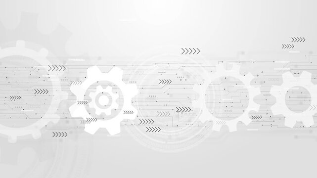 Clean industrial gear process visual white cog shapes, light circuit detail, and subtle arrow flow. for automation concepts, business systems, engineering slides, factory clips, and motion graphics.