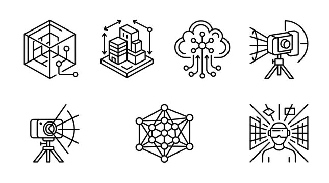Digital Twin and VR Technology Line Icon Set