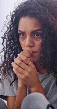Woman, thinking or paranoid in home with biting nails, bad habit or nervous tension in living room. Mental health, anxiety or person with depression, compulsive behavior or coping mechanism in lounge