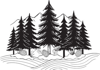 Obraz premium Detailed christmas tree in snowy winter forest landscape hand drawn sketch