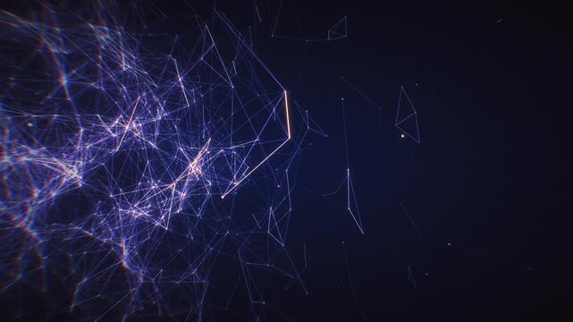 Geometric triangular plexus web glowing with blue light rays in a perspective 3D animation scene for dynamic corporate tech openers