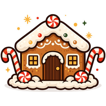 Cute gingerbread house vector illustration with candy canes, peppermint candies, and snow on black background