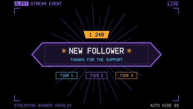 Live streaming set red icons. Play button icon vector. Stream alert banner overlay on black with burst rays, ribbon banner and sub tier badges, 16:9 live streaming notification screen template