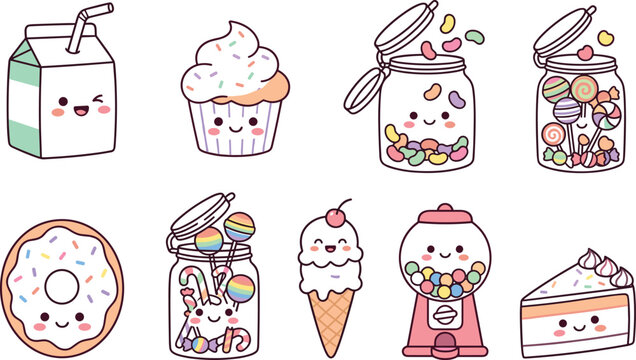 Cute Kawaii Sweet Treats and Dessert Character Vector Sticker Set Featuring Cupcake Donut Ice Cream Candy Jars and Milk Carton Illustrations