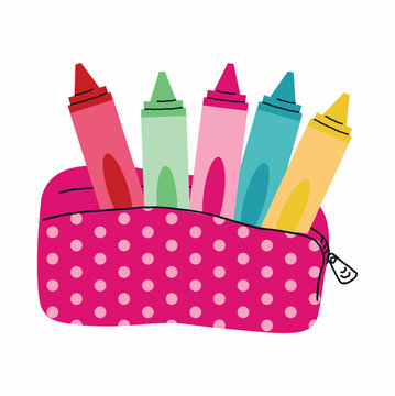 A colorful hand-drawn vector illustration of a cute pencil case filled with essential school supplies, including scissors, crayons, ruler, and pencil. Perfect for back to school designs, classroom mat