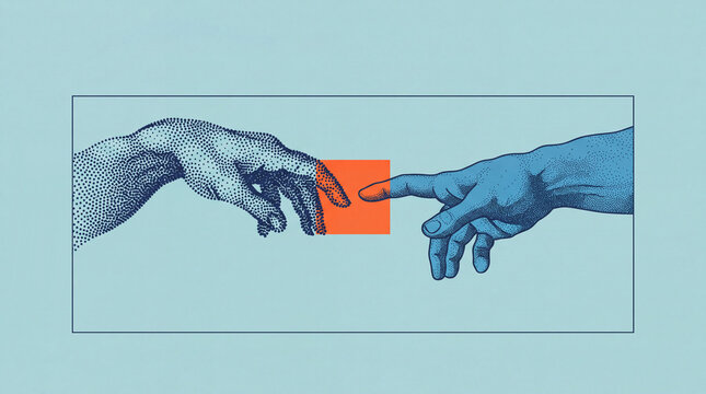 Minimalist modern artwork referencing classical creation illustration showing two hands reaching together towards an orange square on light blue background for creative design concept project