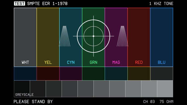Vintage tv test screen. Please stand by television calibration pattern. Retro TV test card on black with SMPTE colour bars, alignment circle and greyscale, 16:9 vintage television screen template