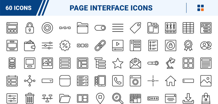 Workspace page layout line icon set. Vector pictograms of builder, interface, web, and website elements, thin linear illustration.
