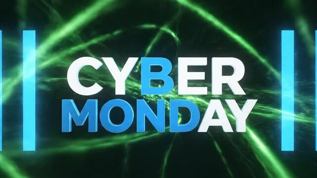 Cyber Monday text on green glowing digital background